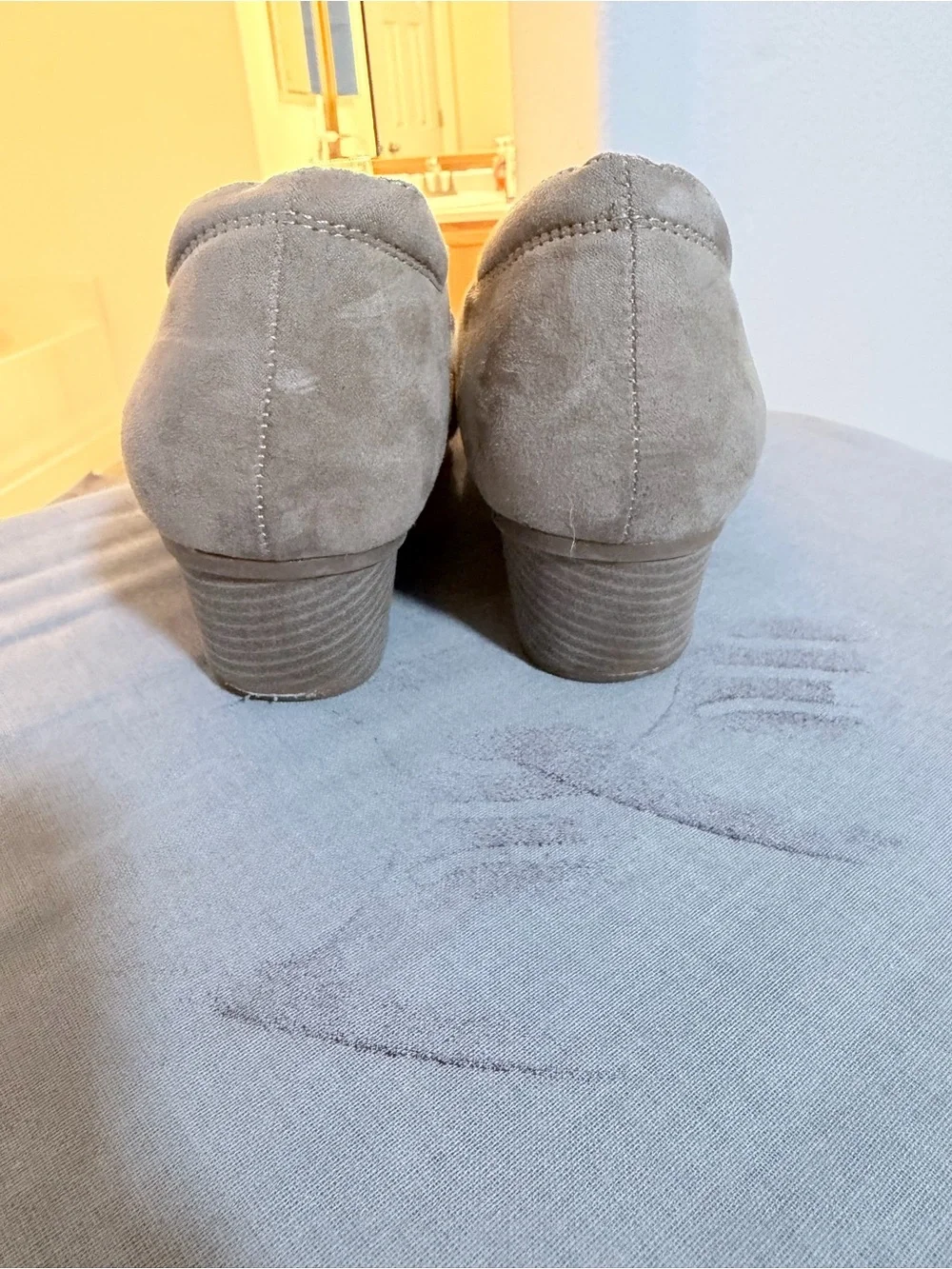 Dr. Scholl's Taupe Suede Wedge Loafers with Gold Chain
